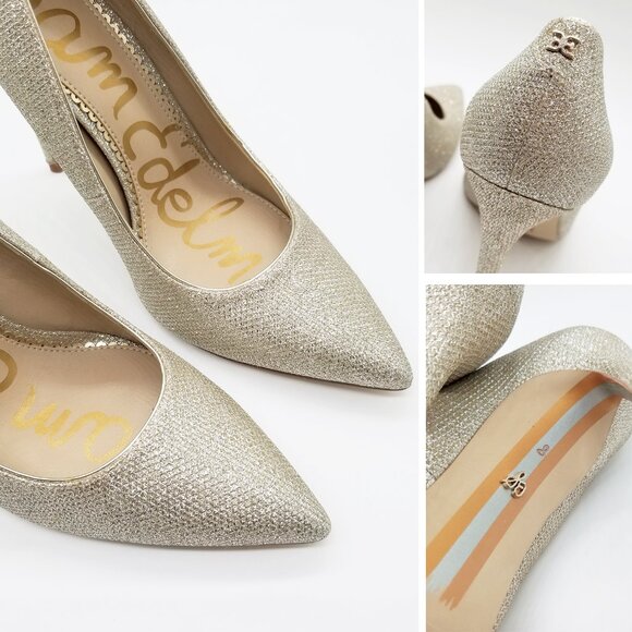 Sam Edelman Danna Pointed Toe High Heels 8 Sparkly Champagne Gold Pump Glitter - Picture 15 of 16